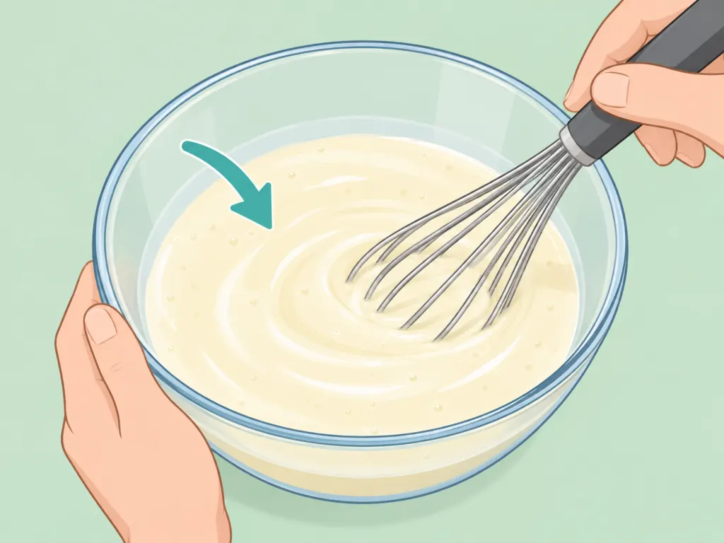 Broth and milk being whisked into casserole liquid.