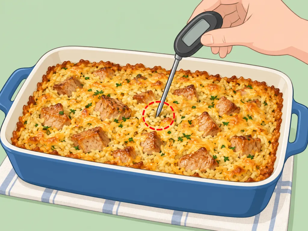 Food thermometer checking the center of a pork and rice casserole.
