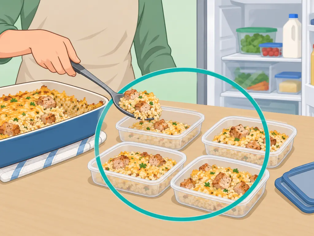 Casserole leftovers being packed into shallow containers.