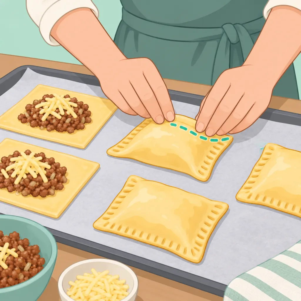 Illustration of puff pastry parcels being filled with minced meat and cheese.