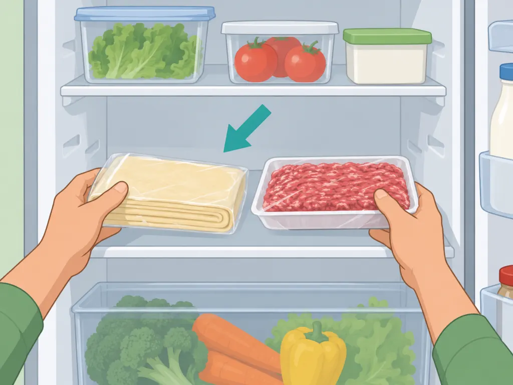 Puff pastry and minced meat thawing safely in the refrigerator.