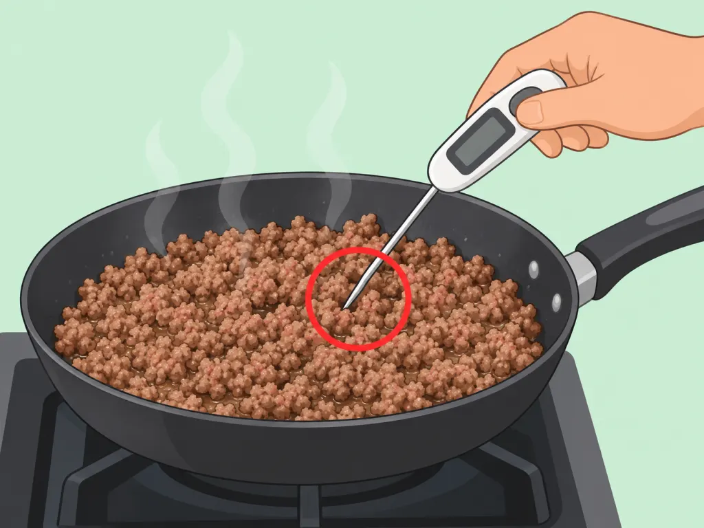 Minced meat filling being cooked and checked with a thermometer.