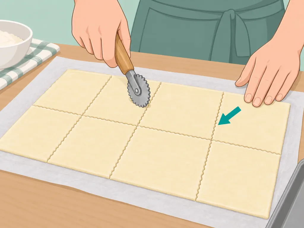 Cold puff pastry being cut into even pieces.