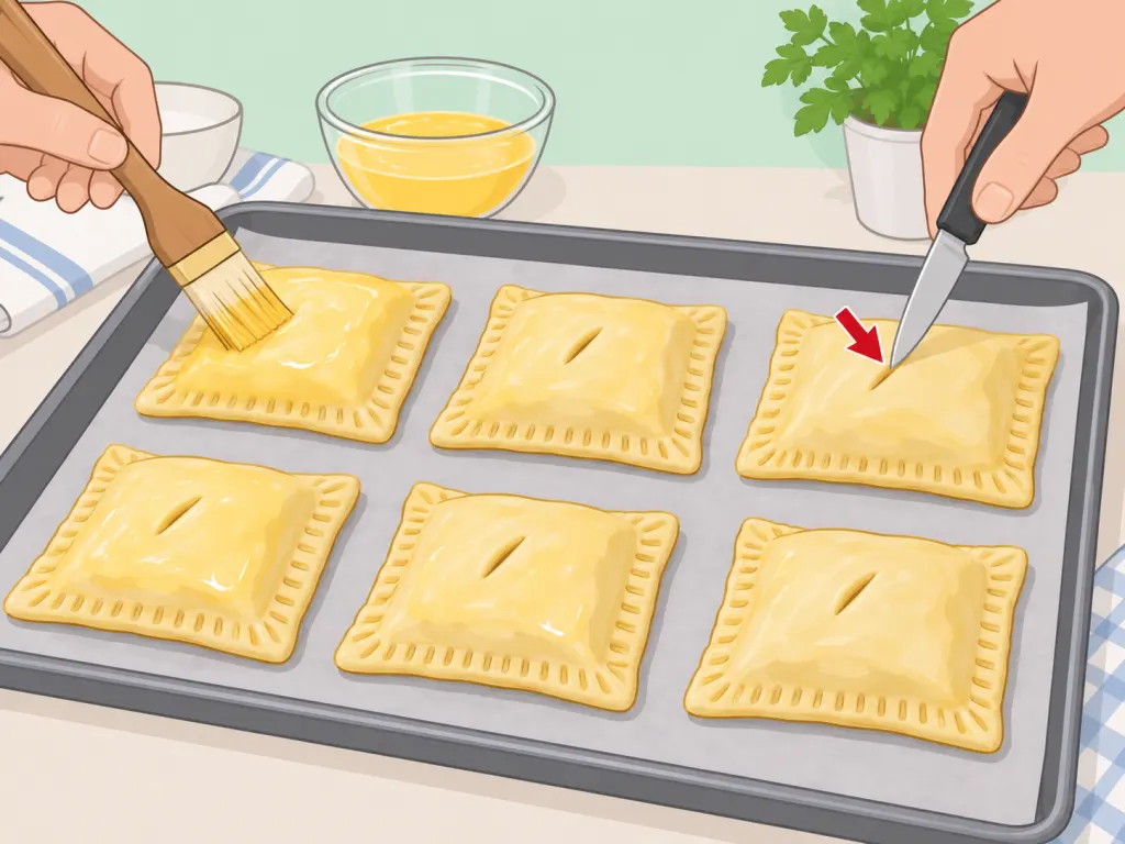 Sealed pastries being brushed and vented before baking.
