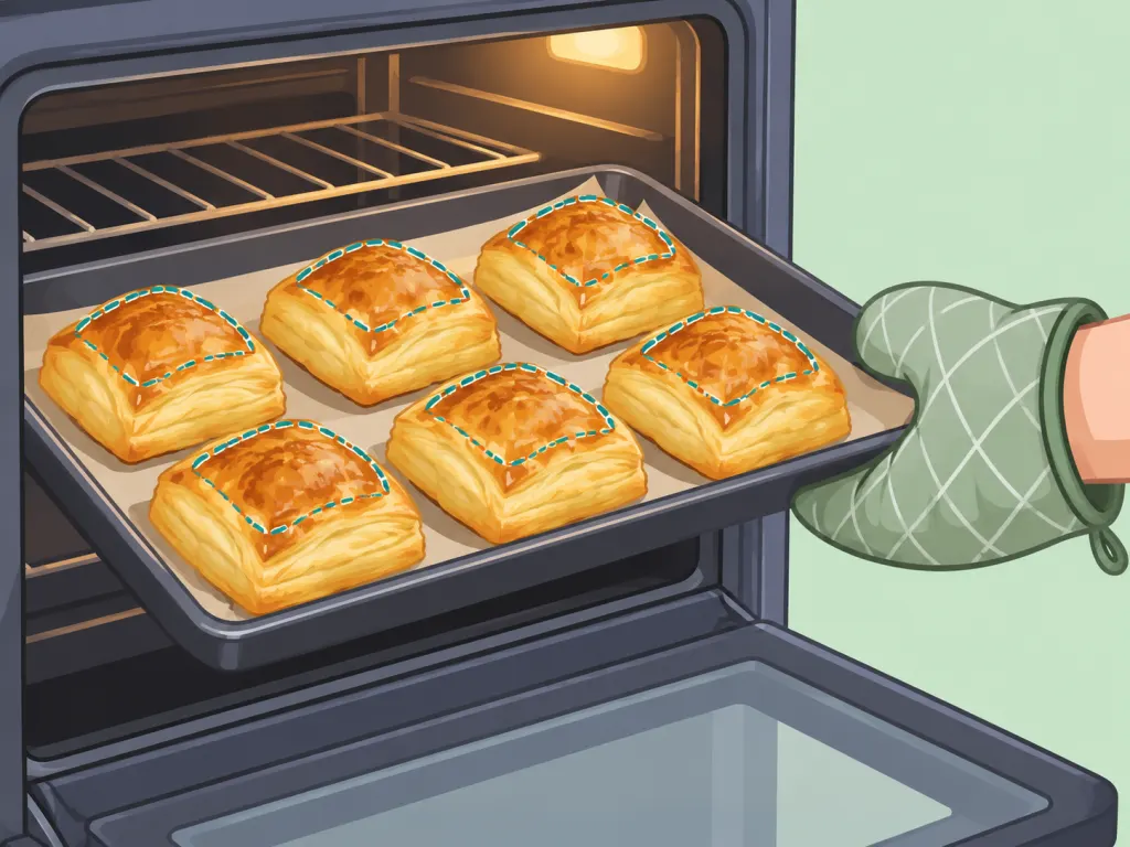 Puff pastry parcels baking until crisp and golden.