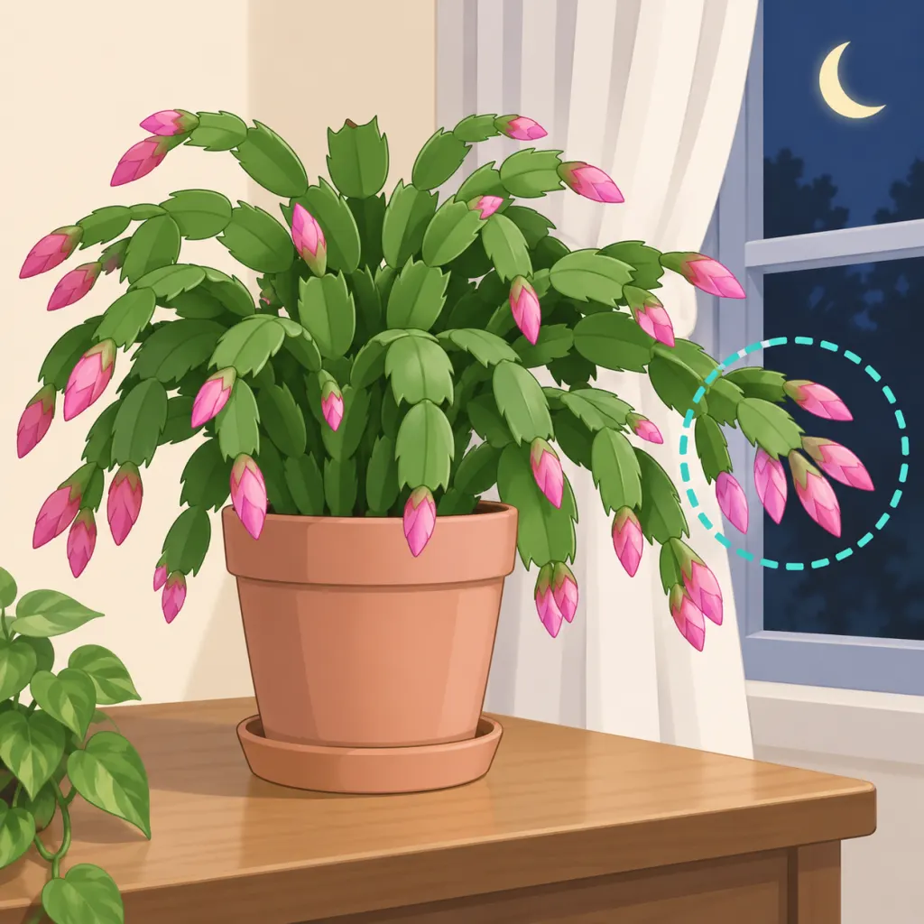 A Christmas cactus in bud near a window with the buds highlighted.