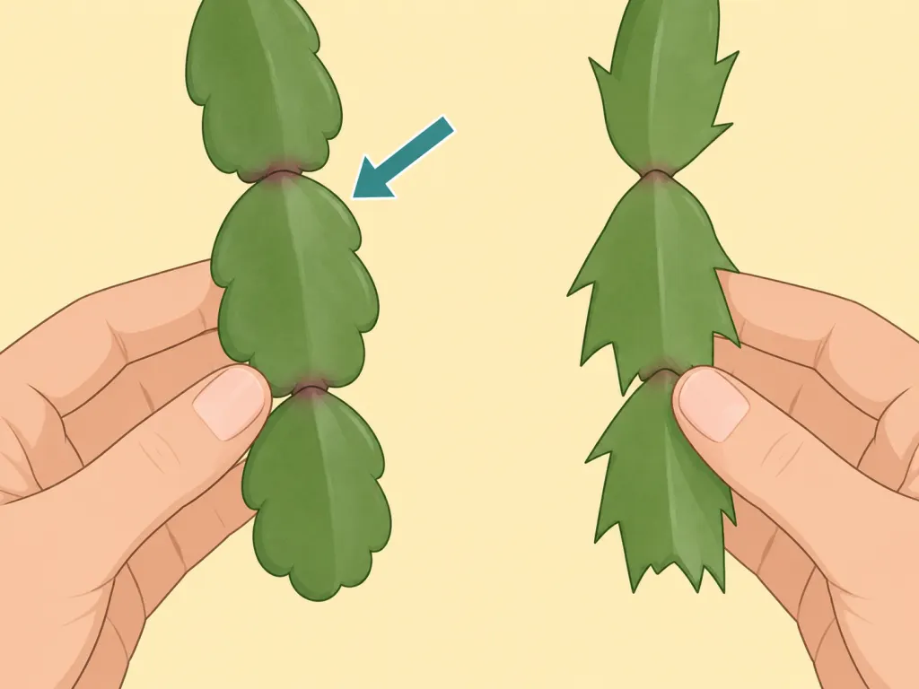 Hands comparing holiday cactus stem shapes to identify a Christmas cactus.