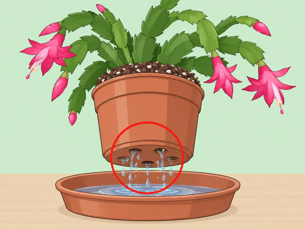 A Christmas cactus in a well-drained pot with drainage holes highlighted.