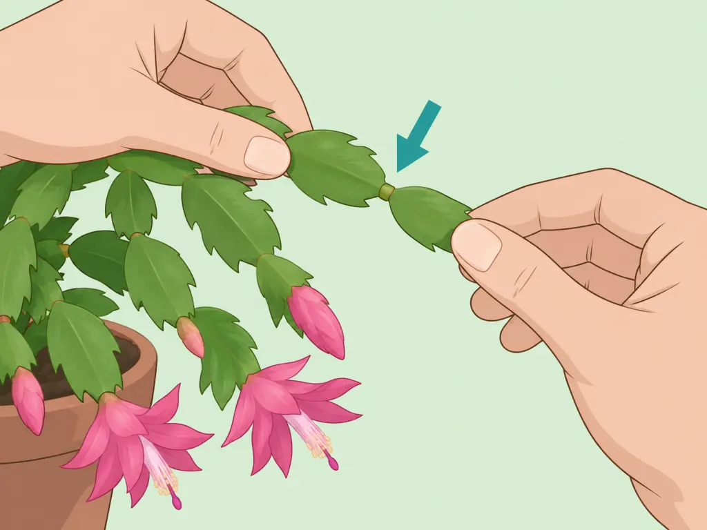 Hands pinching back a Christmas cactus stem at a joint.