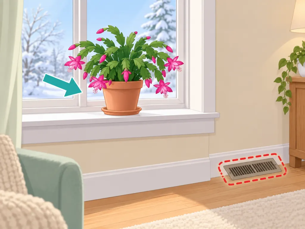 A Christmas cactus placed in a cool spot away from a heater vent.