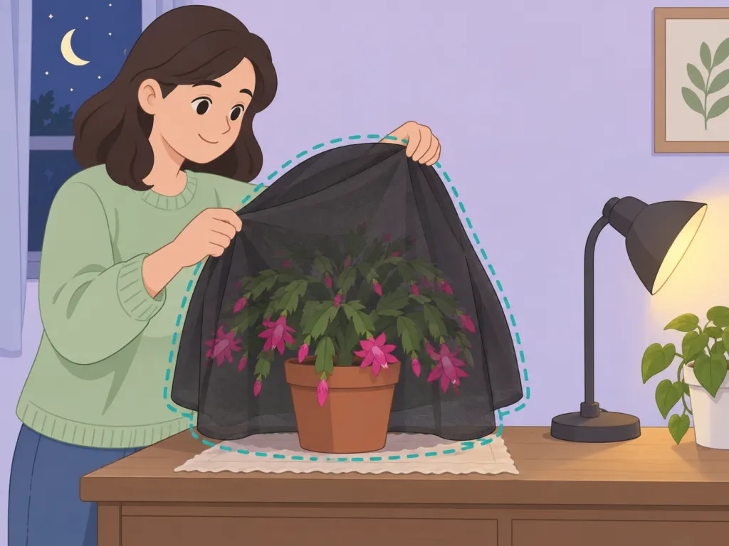 A Christmas cactus being covered at night for uninterrupted darkness.
