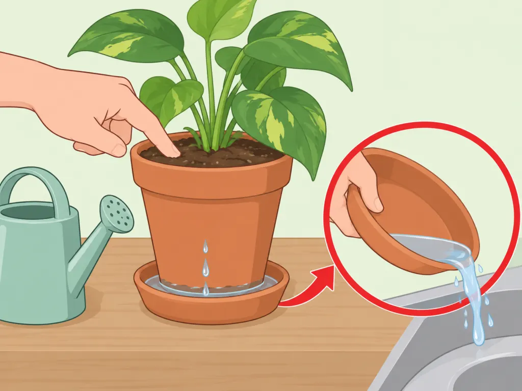 A person checking soil moisture and draining excess water from a Christmas cactus.