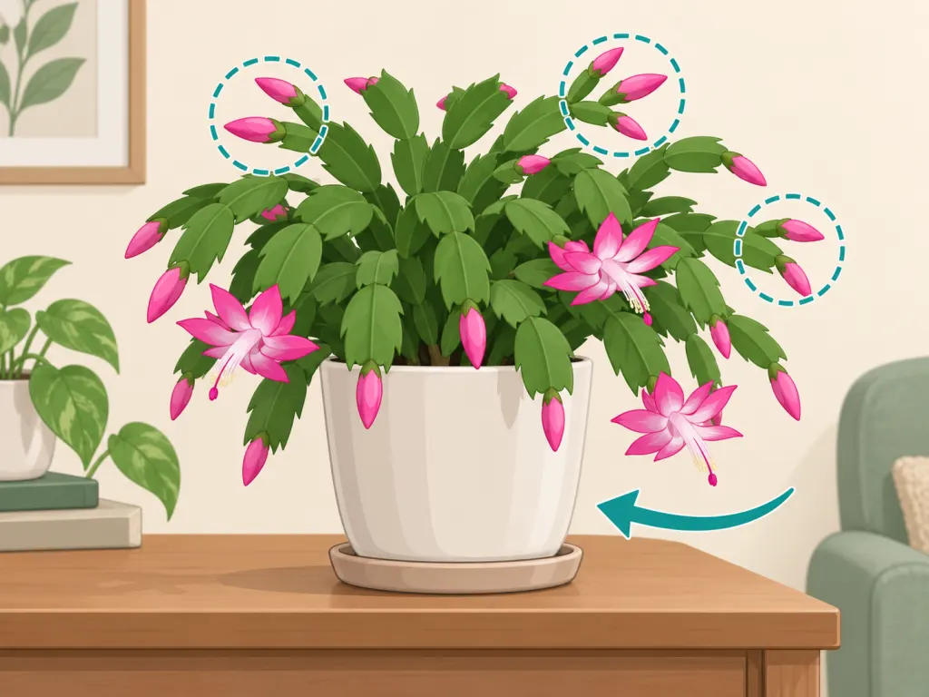 A Christmas cactus with buds kept in a steady location.
