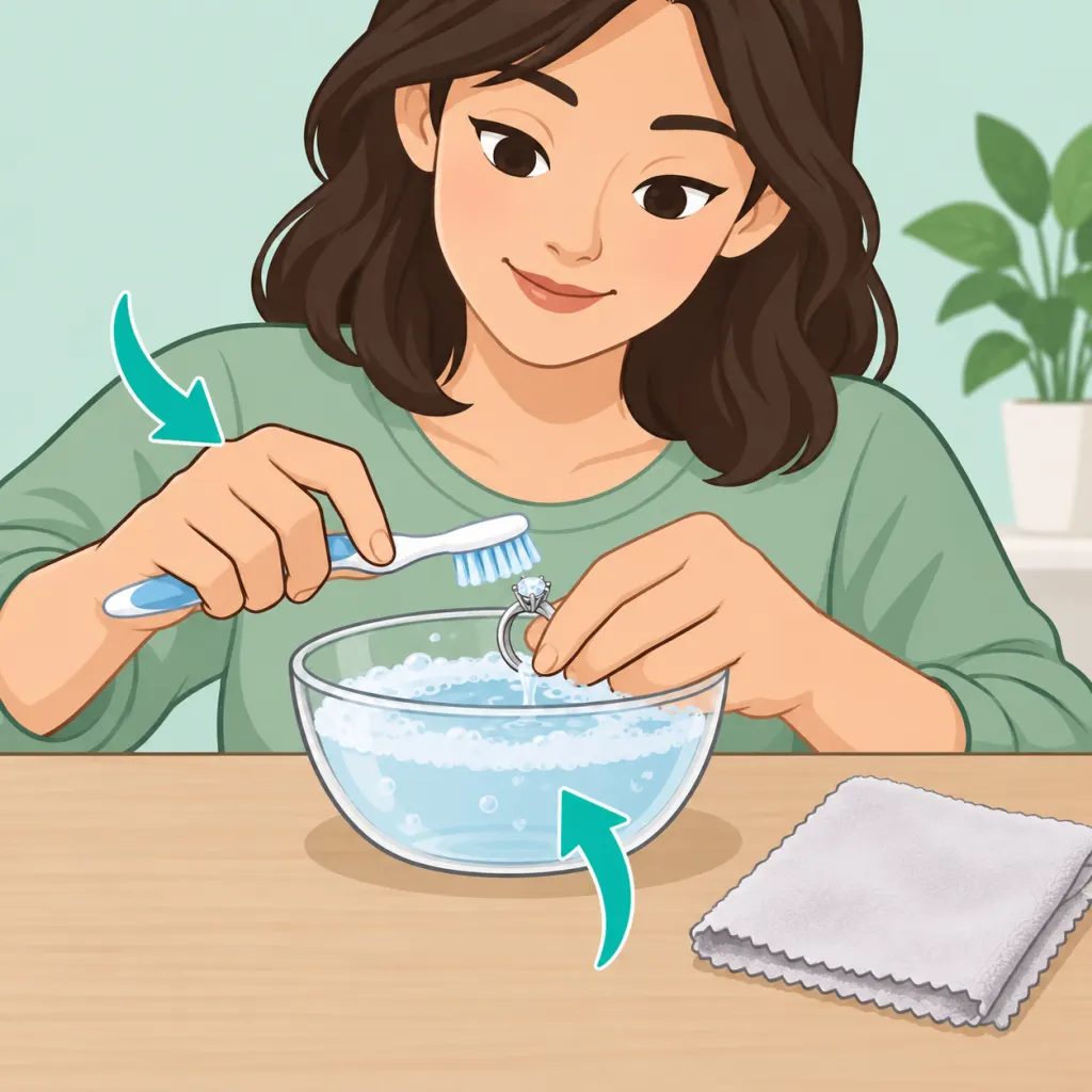 Illustration of a person gently cleaning jewelry with soapy water, a soft brush, and a cloth.