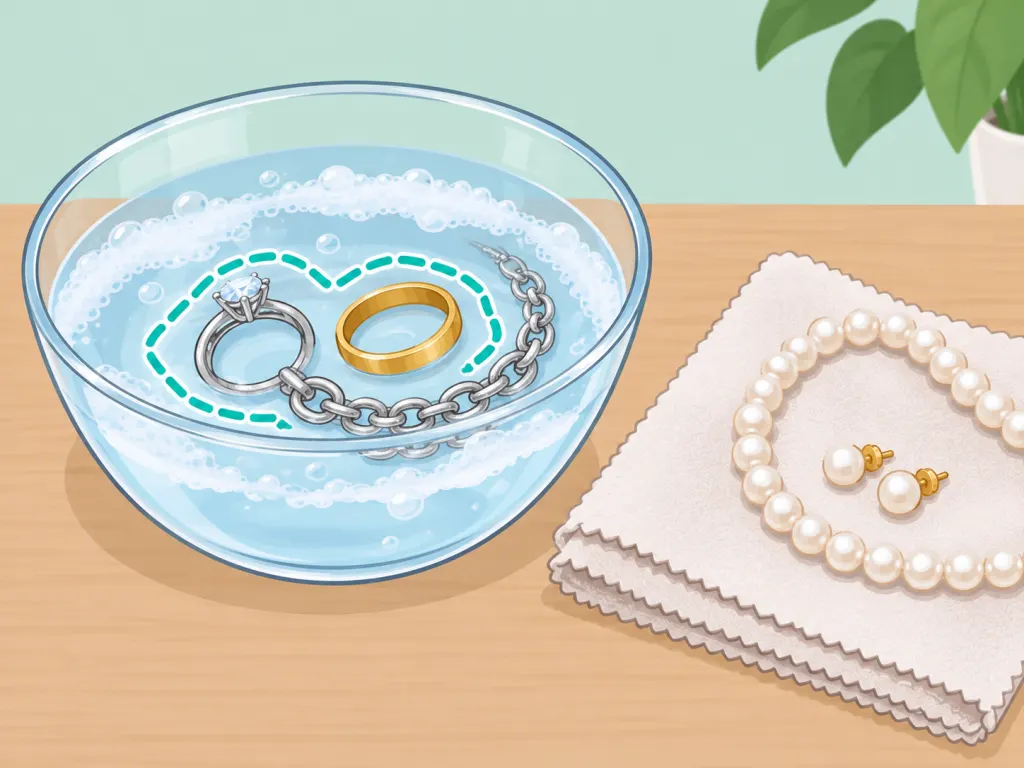 Sturdy jewelry soaking briefly while pearls are kept aside.