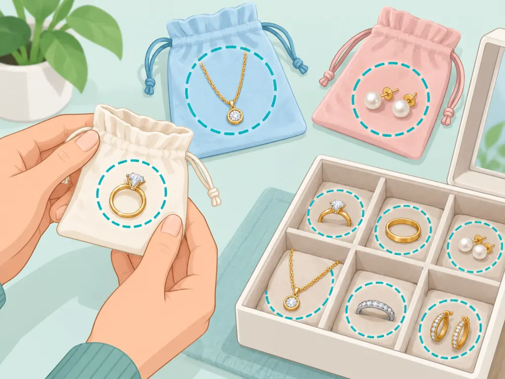 Clean jewelry stored separately in pouches and box compartments.