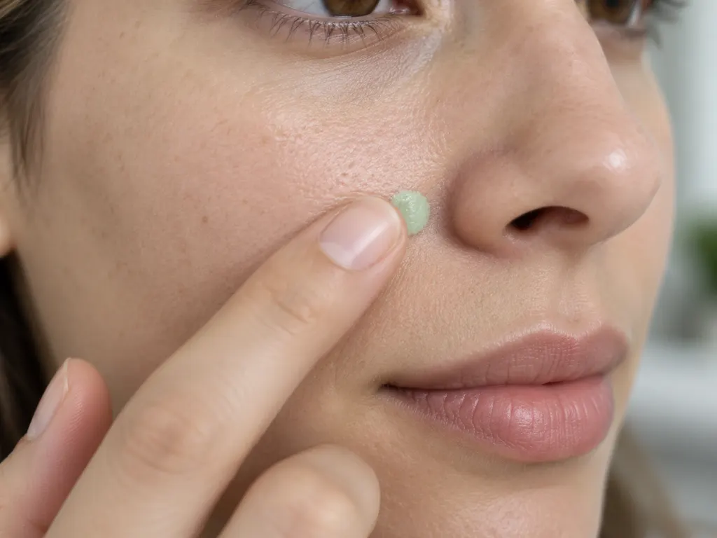 A fingertip applies a tiny dot of green corrector near the side of the nose.
