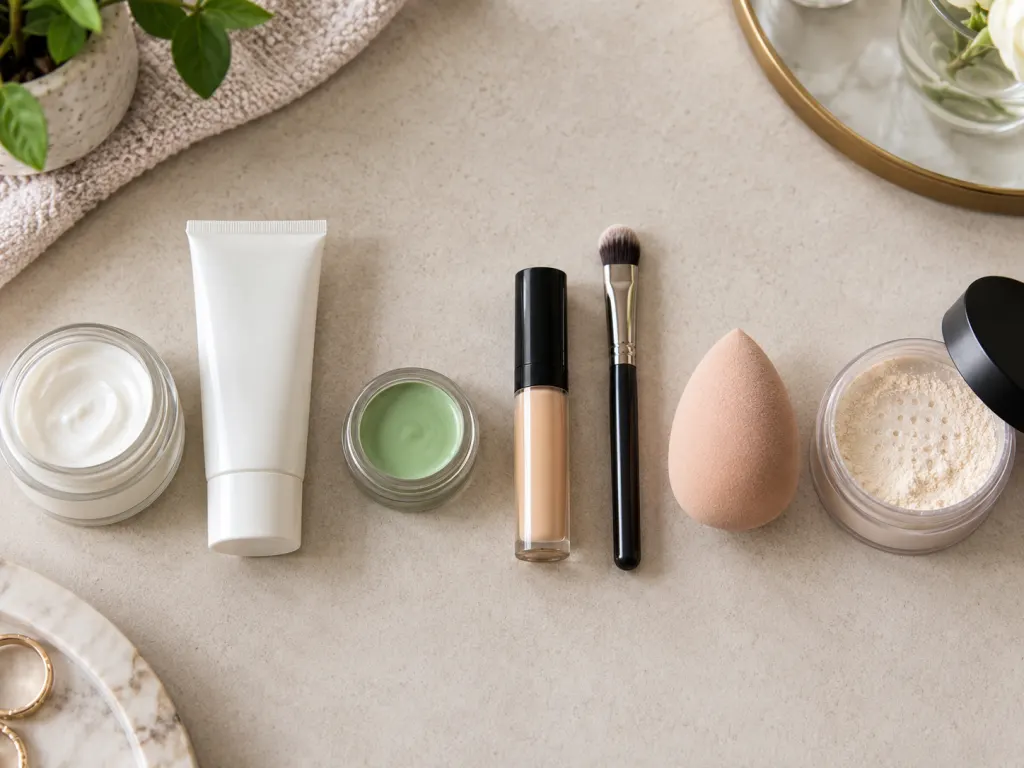 A gentle makeup routine laid out with moisturizer, sunscreen, corrector, concealer, and tools.