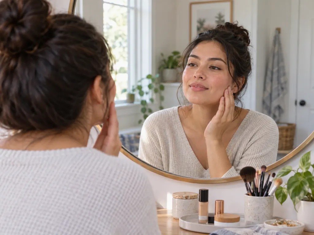 A person views their softly corrected makeup from a normal distance in a mirror.