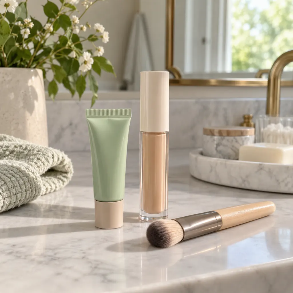 Green corrector, concealer, and a clean brush arranged on a bright bathroom vanity.