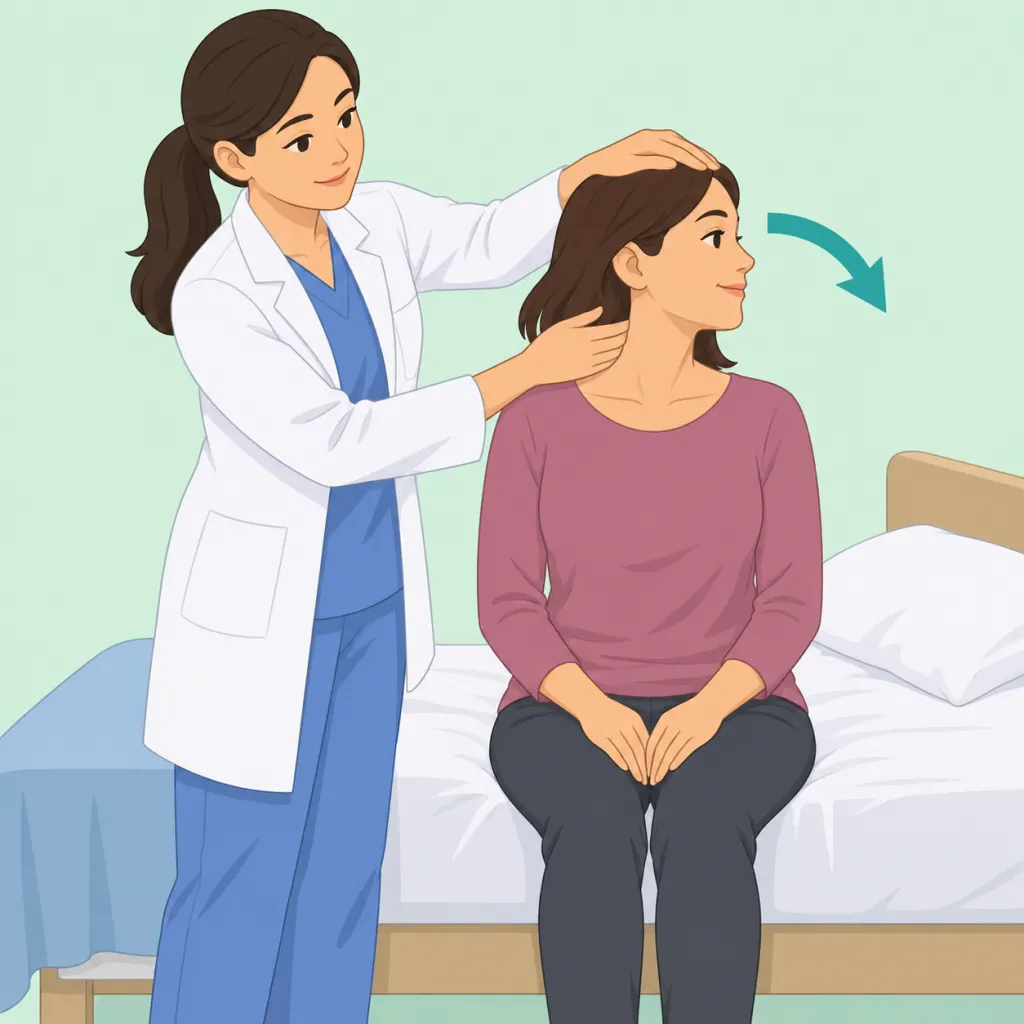 Illustration of a person learning a safe head-position maneuver for positional vertigo from a clinician.