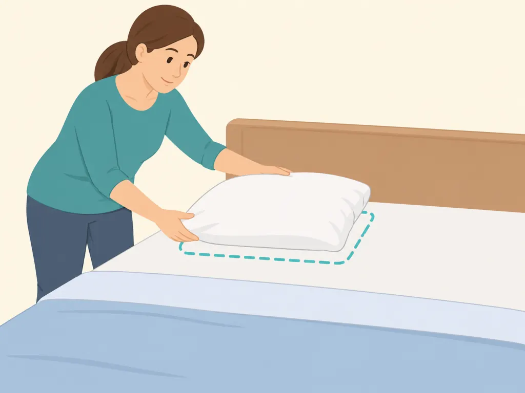 Person setting up a pillow on a bed before starting a home maneuver.
