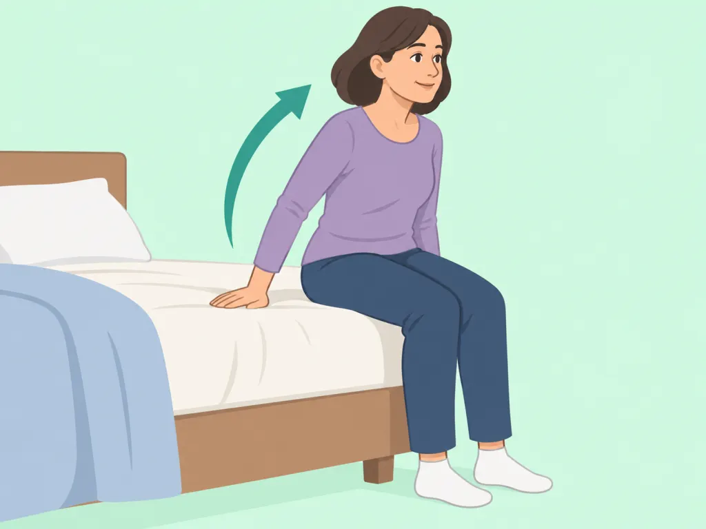 Person sitting up slowly after a vertigo repositioning maneuver.