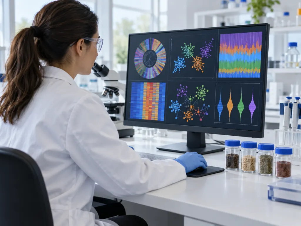 Researcher reviewing microbiome data in a clean laboratory setting.