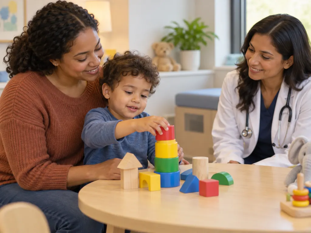 Caregiver, child, and clinician during a calm developmental observation visit.