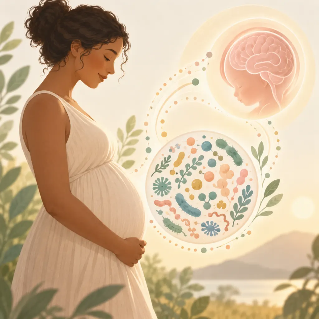 Illustration of pregnancy, gut microbes, and brain development as connected research themes.