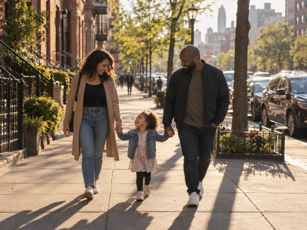 A family of three walking together on a sunny city sidewalk in warm afternoon light