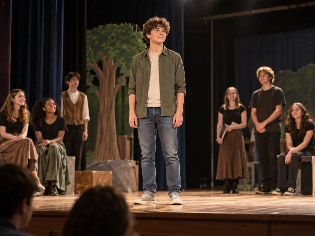 A teenage boy performing on a school theater stage under warm overhead lights with fellow students visible in the background
