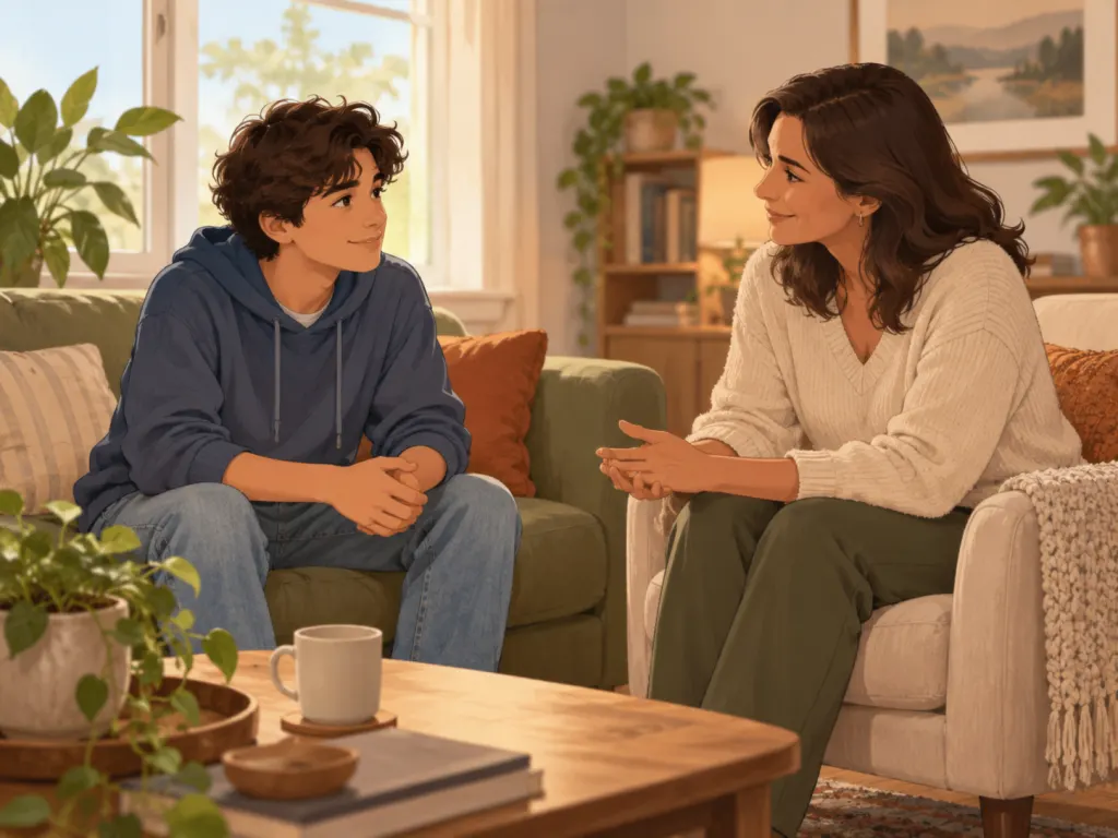 A teenager and a supportive adult sitting together in a warmly lit room engaged in an open, calm conversation