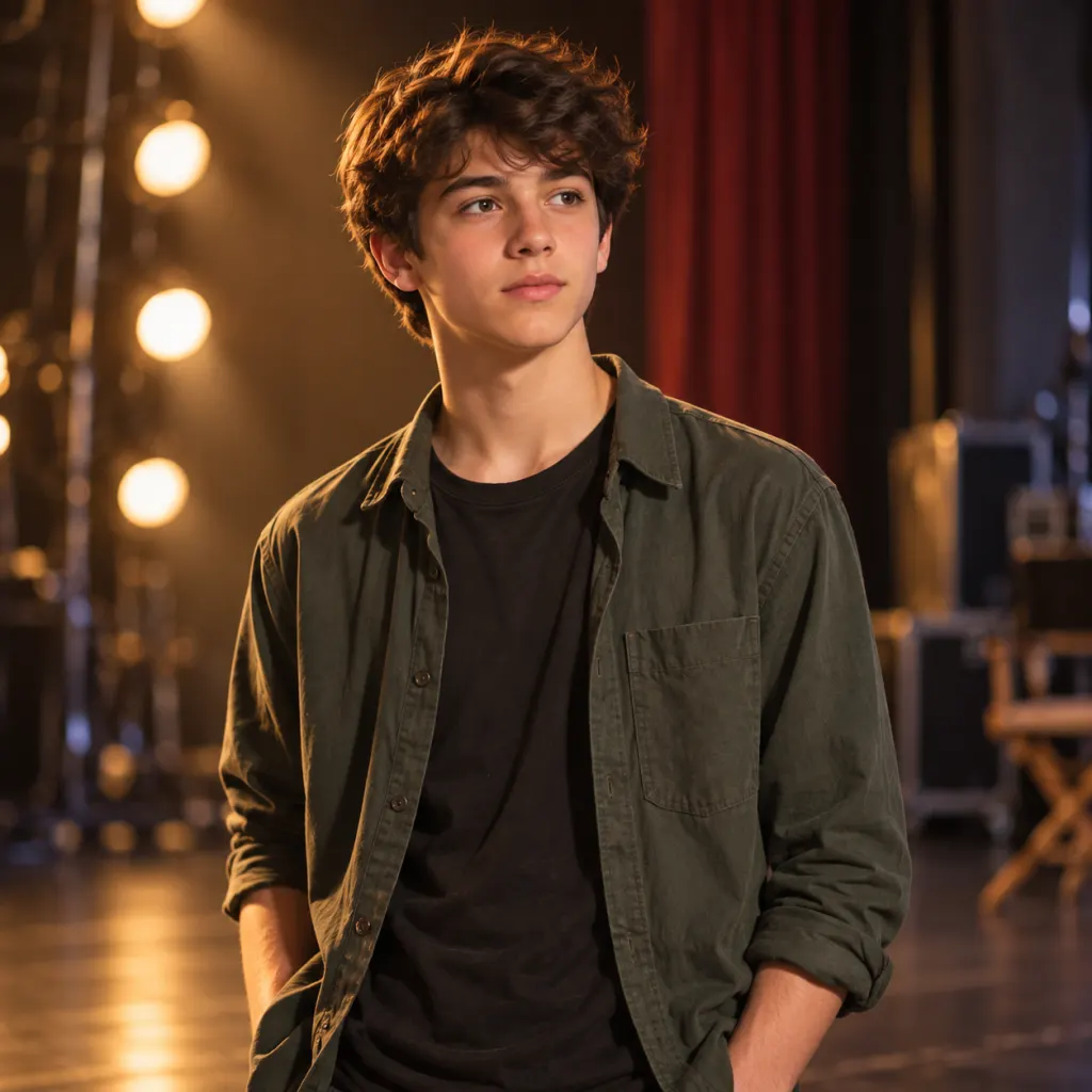 A teenage boy standing in warm stage lighting with a calm and composed expression