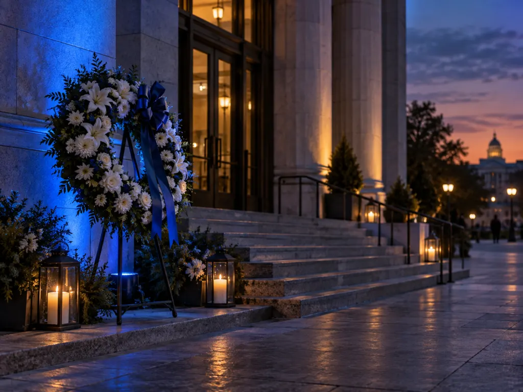 Blue lights on a memorial wreath outside a public building at dusk.