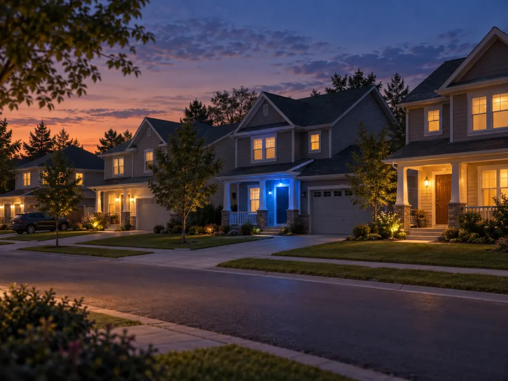 A quiet neighborhood at twilight with one home displaying a blue porch light.