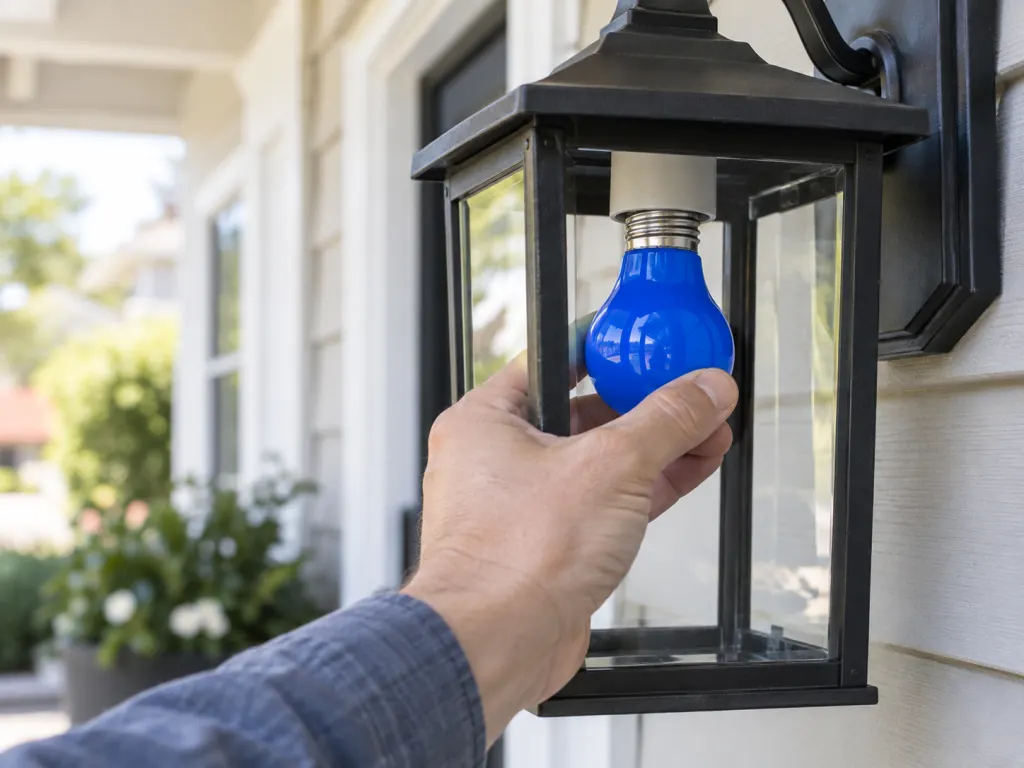A blue LED bulb being placed into an outdoor porch light fixture.