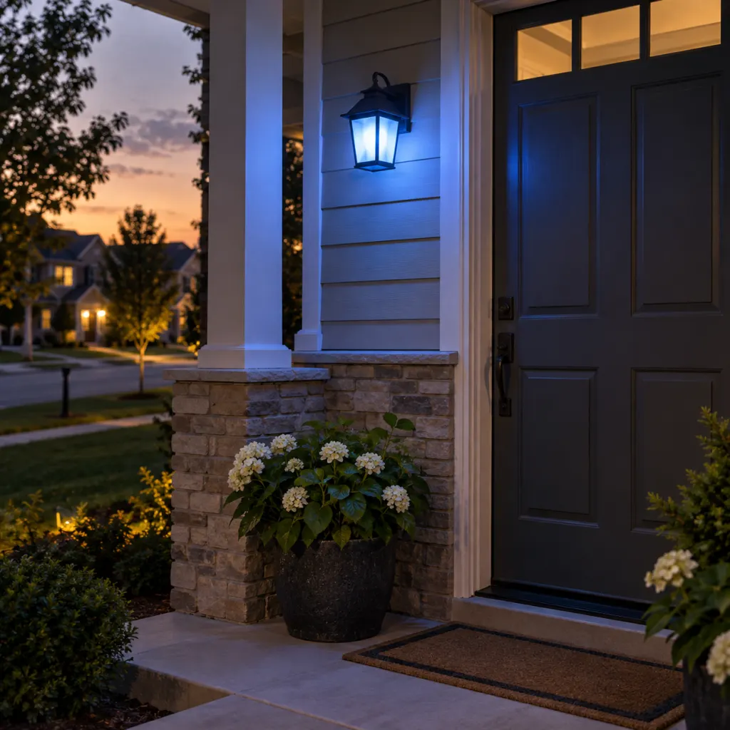 A front porch at dusk with one soft blue porch light glowing beside the door.