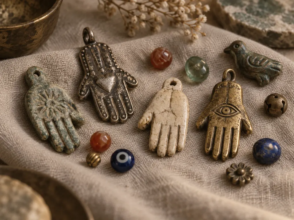 Hand-shaped charms and beads rest on linen like symbolic folk amulets.