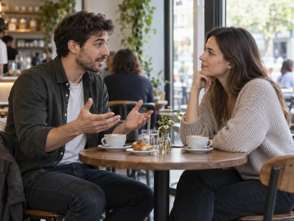 Two people converse calmly at a table while using open hand gestures.