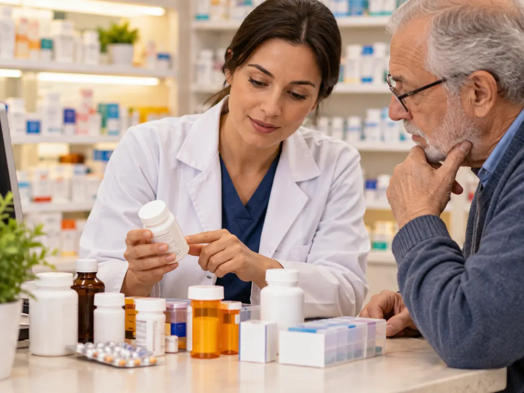 A pharmacist and older adult reviewing several medicines together at a counter.