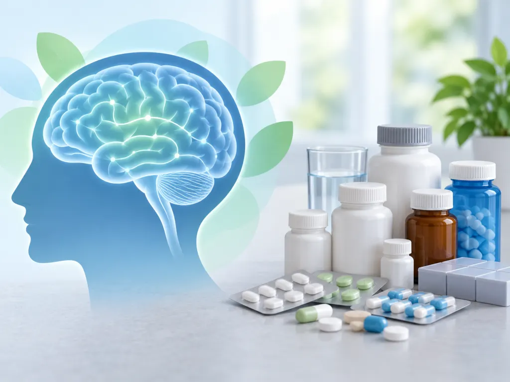 A simple illustration of a brain beside grouped medicine shapes.