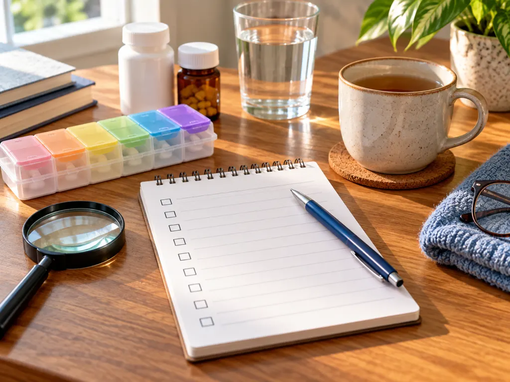 A blank checklist, pill organizer, and magnifying glass arranged on a table.