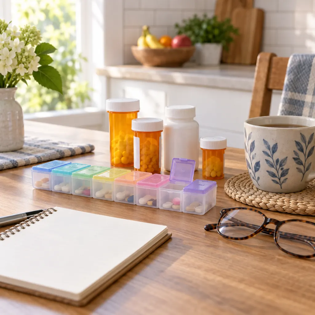 Medication organizer, pill bottles, glasses, and a notepad on a kitchen table.