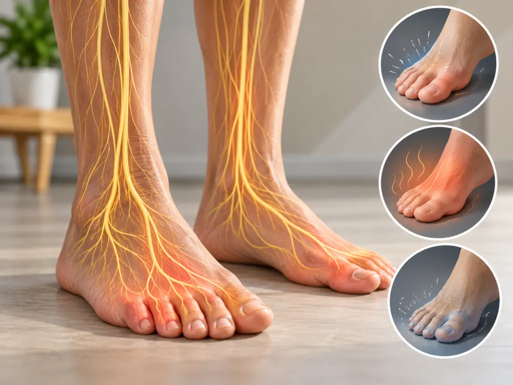 A calm illustration of nerve pathways in the lower legs and feet.
