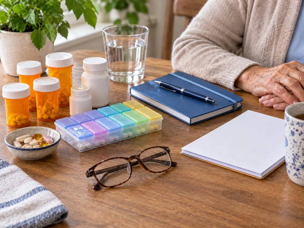A neatly organized medication review setup with closed containers, glasses, and a notebook.