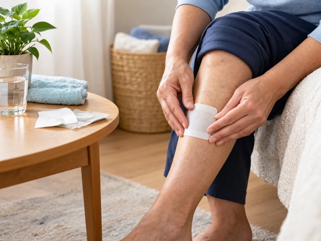 An older adult safely applies a topical patch to the lower leg while seated.