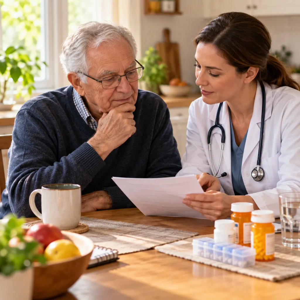 An older adult and clinician review a medication list together at a kitchen table.