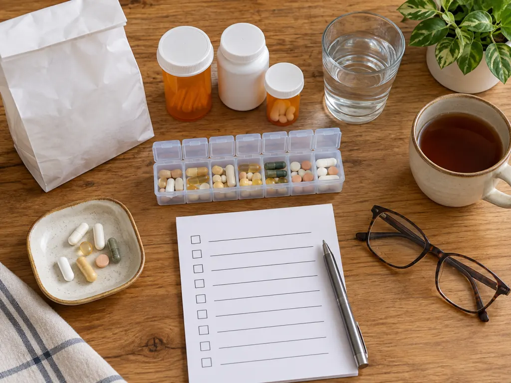 Organized medication review items arranged on a table