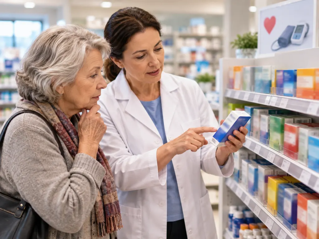 Older adult consulting a pharmacist while choosing cold medicine